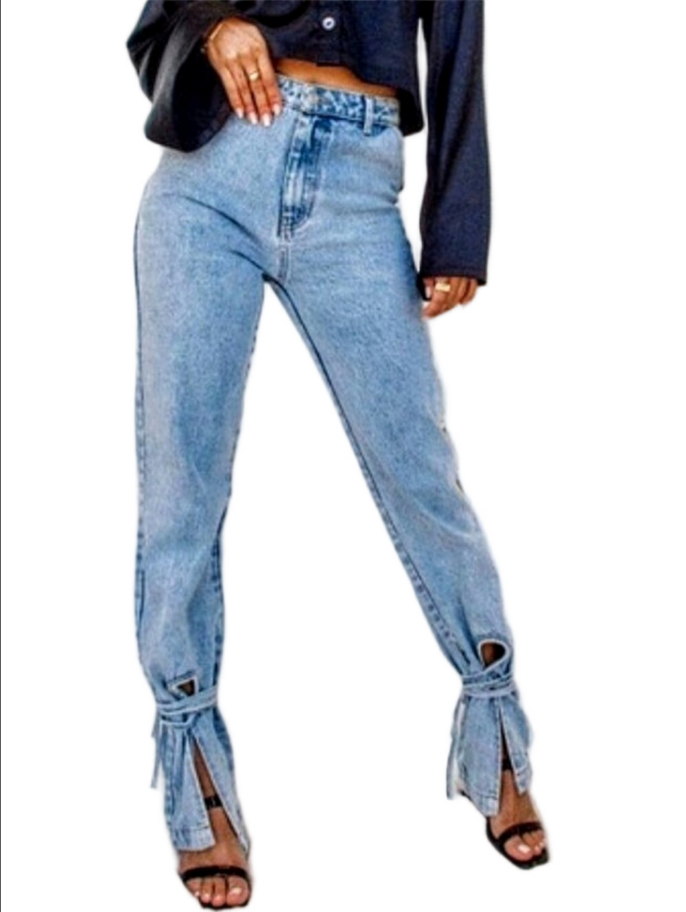 BEIGE BOTANY ANKLE TIE UP HIGH RISE LIGHT BLUE JEANS